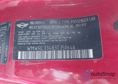 2003 Mini Cooper из США, поврежденный, VIN WMWRC33483TJ50646